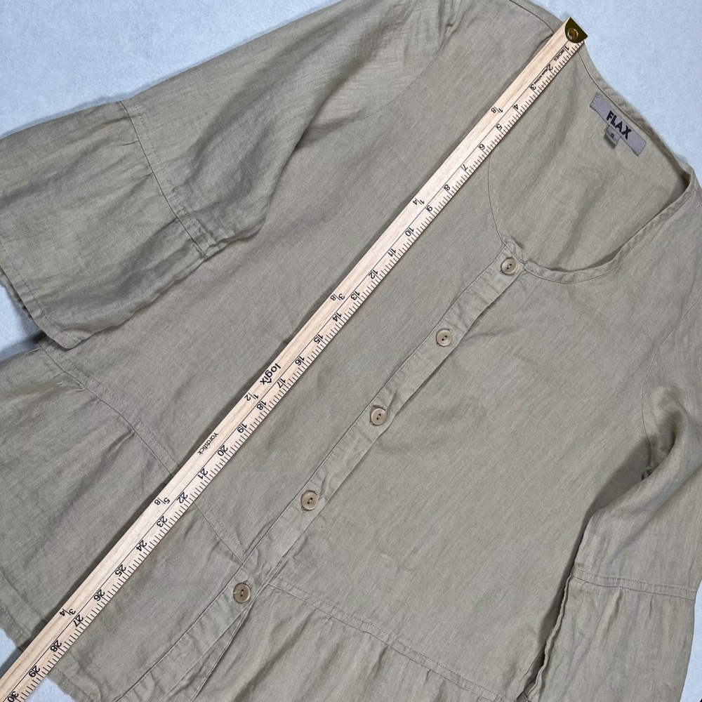 FLAX Button Up Top Women's Small Beige Linen Peplum Ruffle 3/4‎ Sleeve Lagenlook - Picture 7 of 7